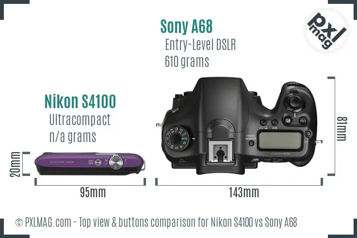 Nikon S4100 vs Sony A68 top view buttons comparison