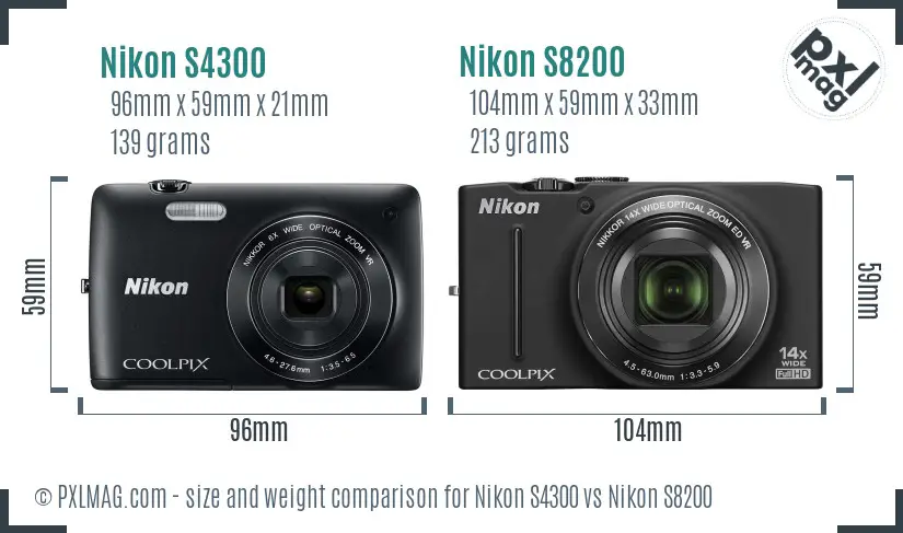 Nikon S4300 vs Nikon S8200 size comparison