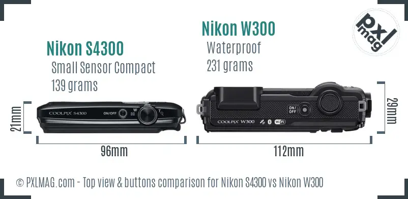 Nikon S4300 vs Nikon W300 top view buttons comparison
