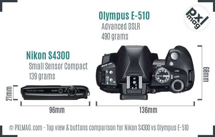 Nikon S4300 vs Olympus E-510 top view buttons comparison