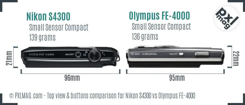 Nikon S4300 vs Olympus FE-4000 top view buttons comparison