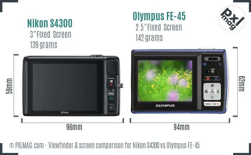 Nikon S4300 vs Olympus FE-45 Screen and Viewfinder comparison