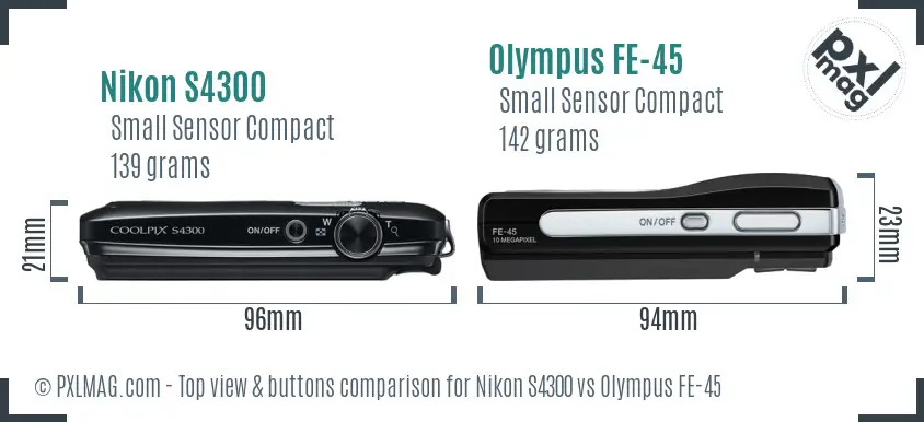 Nikon S4300 vs Olympus FE-45 top view buttons comparison