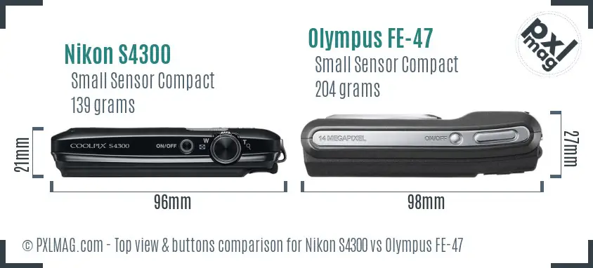 Nikon S4300 vs Olympus FE-47 top view buttons comparison