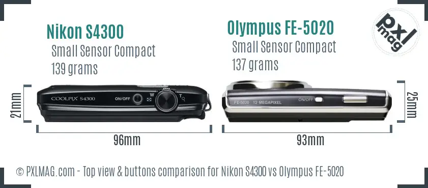 Nikon S4300 vs Olympus FE-5020 top view buttons comparison