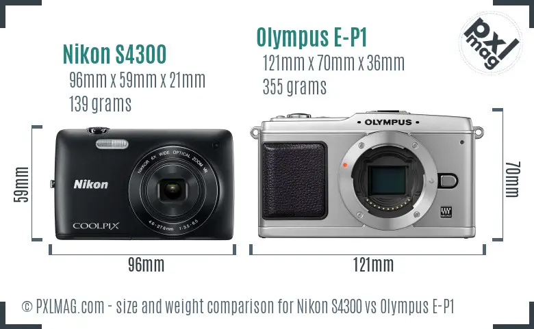 Nikon S4300 vs Olympus E-P1 size comparison