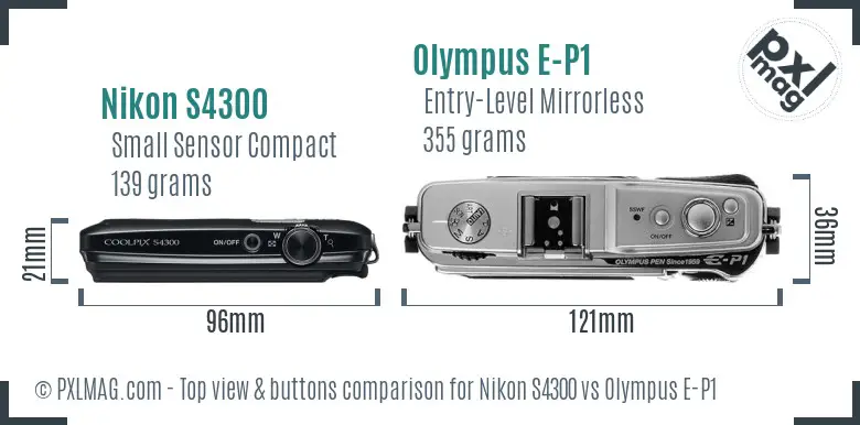 Nikon S4300 vs Olympus E-P1 top view buttons comparison