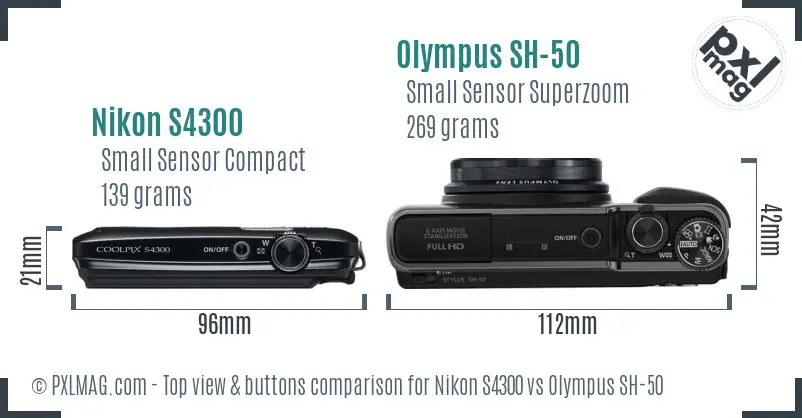 Nikon S4300 vs Olympus SH-50 top view buttons comparison Nikon S4300 vs Olympus SH-50 top view buttons comparison