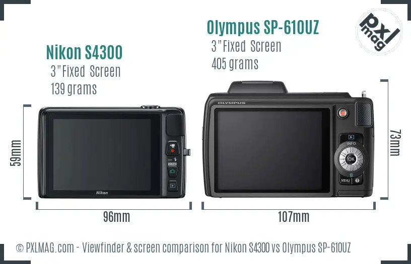 Nikon S4300 vs Olympus SP-610UZ Screen and Viewfinder comparison