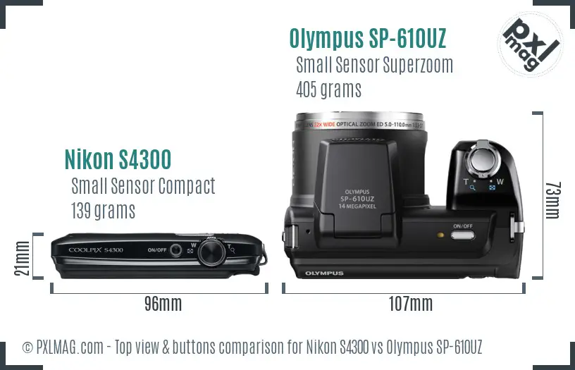 Nikon S4300 vs Olympus SP-610UZ top view buttons comparison