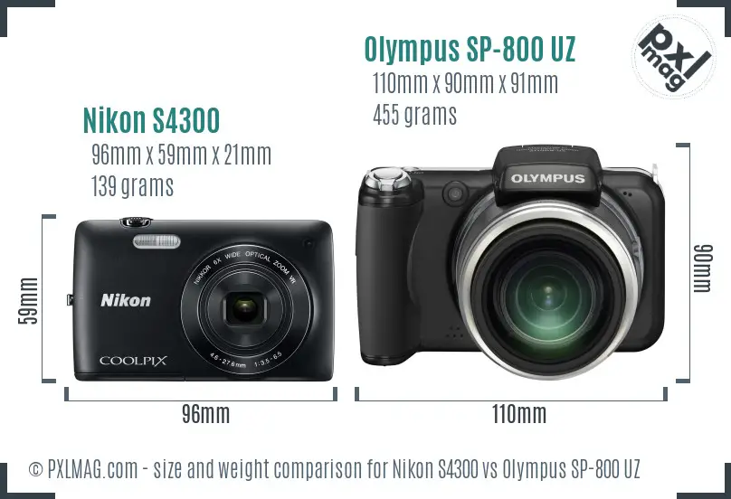 Nikon S4300 vs Olympus SP-800 UZ size comparison Nikon S4300 vs Olympus SP-800 UZ size comparison