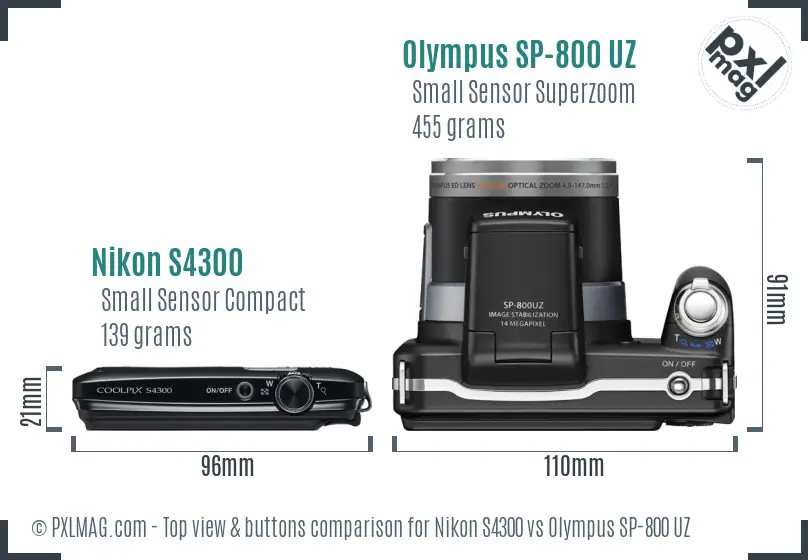 Nikon S4300 vs Olympus SP-800 UZ top view buttons comparison Nikon S4300 vs Olympus SP-800 UZ top view buttons comparison