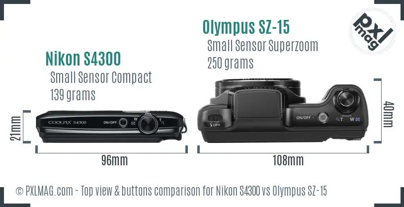 Nikon S4300 vs Olympus SZ-15 top view buttons comparison Nikon S4300 vs Olympus SZ-15 top view buttons comparison