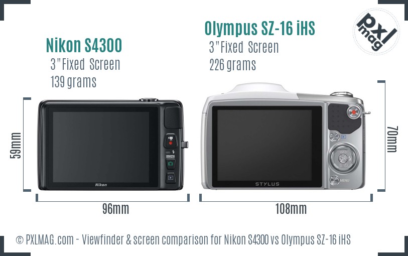 Nikon S4300 vs Olympus SZ-16 iHS Screen and Viewfinder comparison