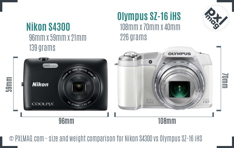 Nikon S4300 vs Olympus SZ-16 iHS size comparison