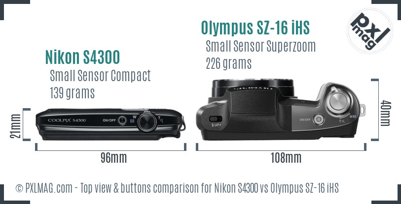 Nikon S4300 vs Olympus SZ-16 iHS top view buttons comparison