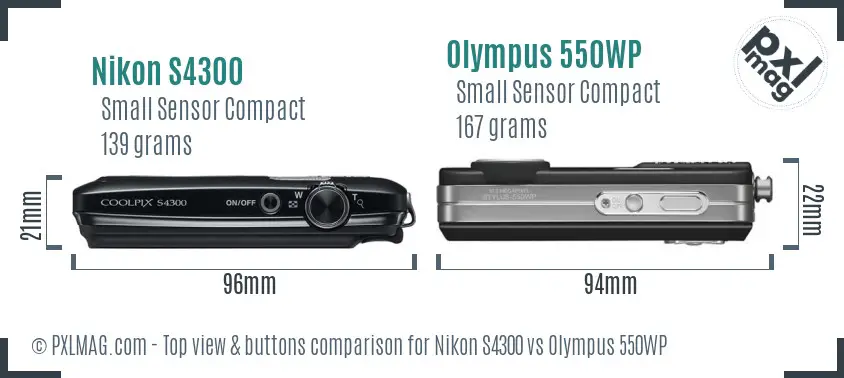 Nikon S4300 vs Olympus 550WP top view buttons comparison Nikon S4300 vs Olympus 550WP top view buttons comparison