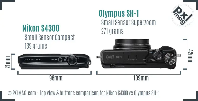 Nikon S4300 vs Olympus SH-1 top view buttons comparison