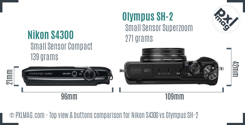 Nikon S4300 vs Olympus SH-2 top view buttons comparison