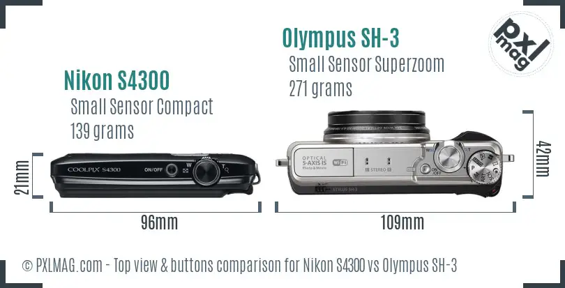 Nikon S4300 vs Olympus SH-3 top view buttons comparison