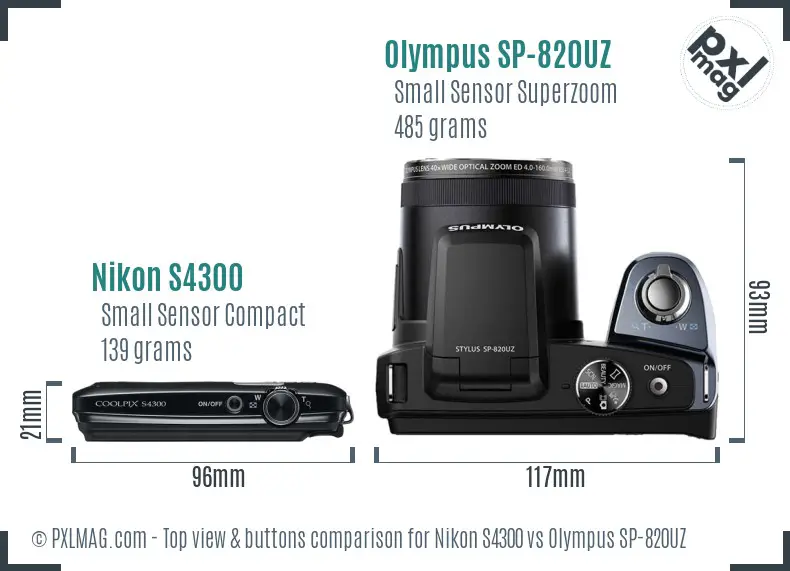 Nikon S4300 vs Olympus SP-820UZ top view buttons comparison