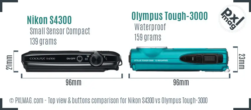 Nikon S4300 vs Olympus Tough-3000 top view buttons comparison