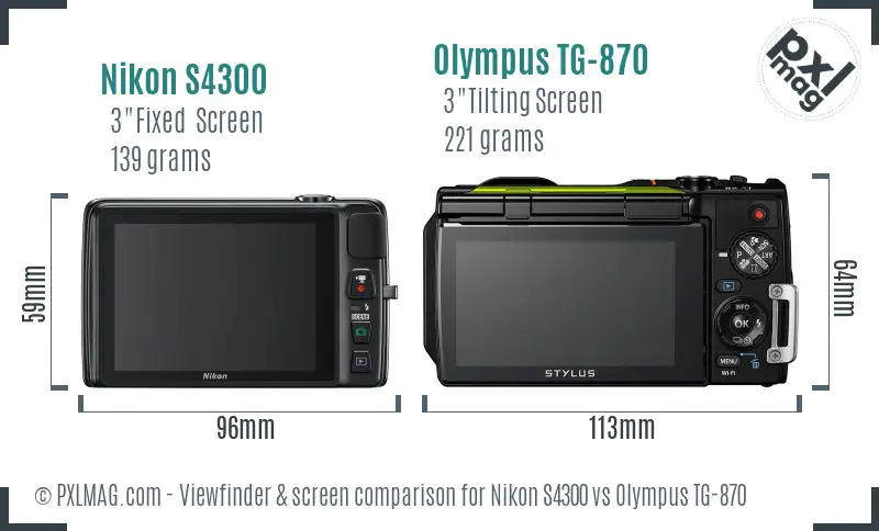 Nikon S4300 vs Olympus TG-870 Screen and Viewfinder comparison