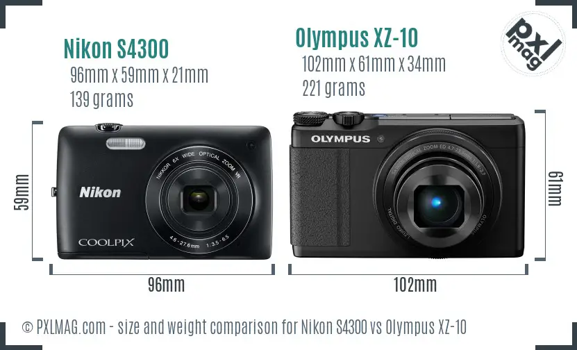 Nikon S4300 vs Olympus XZ-10 size comparison