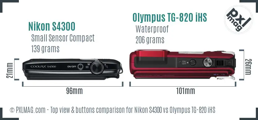 Nikon S4300 vs Olympus TG-820 iHS top view buttons comparison Nikon S4300 vs Olympus TG-820 iHS top view buttons comparison