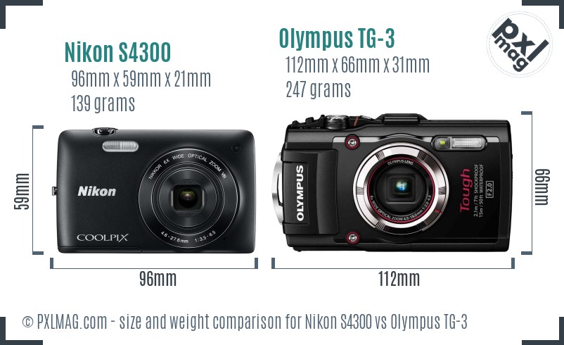 Nikon S4300 vs Olympus TG-3 size comparison