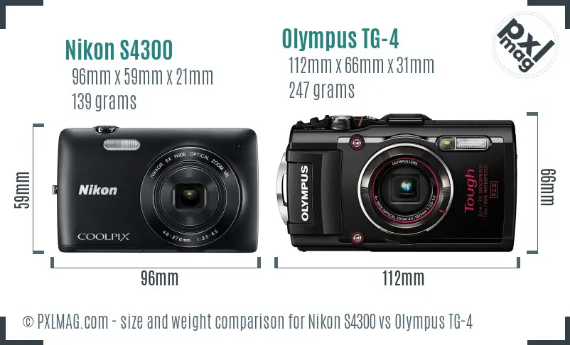 Nikon S4300 vs Olympus TG-4 size comparison