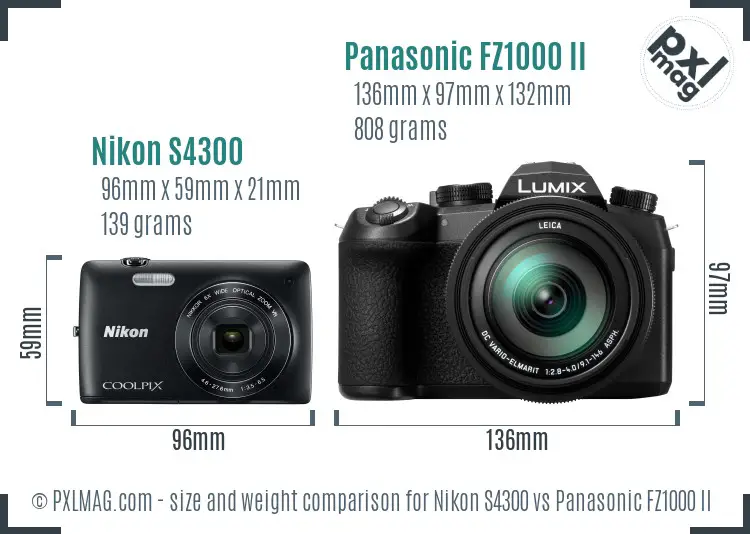 Nikon S4300 vs Panasonic FZ1000 II size comparison