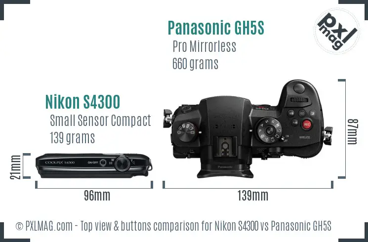 Nikon S4300 vs Panasonic GH5S top view buttons comparison