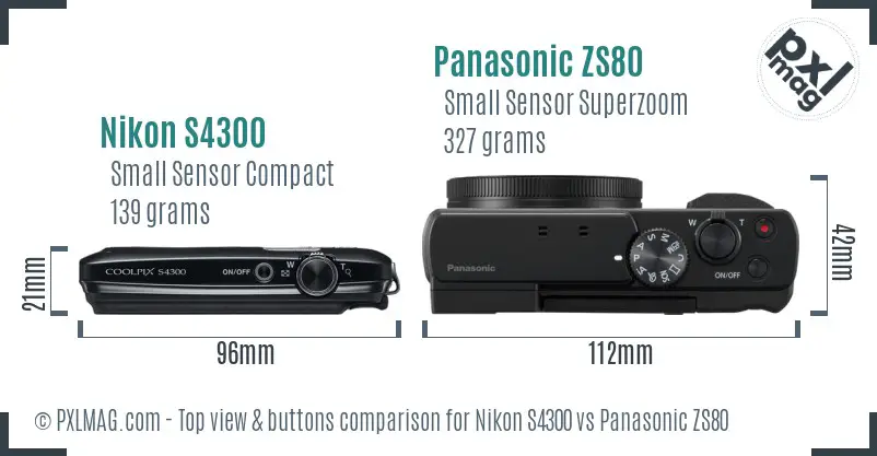 Nikon S4300 vs Panasonic ZS80 top view buttons comparison
