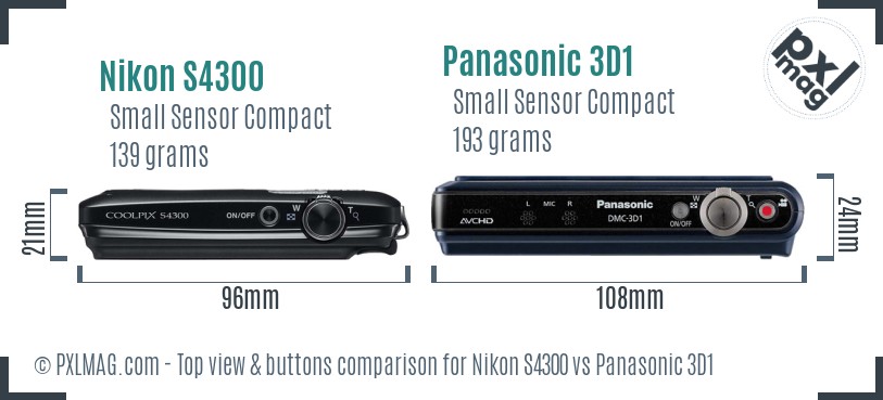 Nikon S4300 vs Panasonic 3D1 top view buttons comparison
