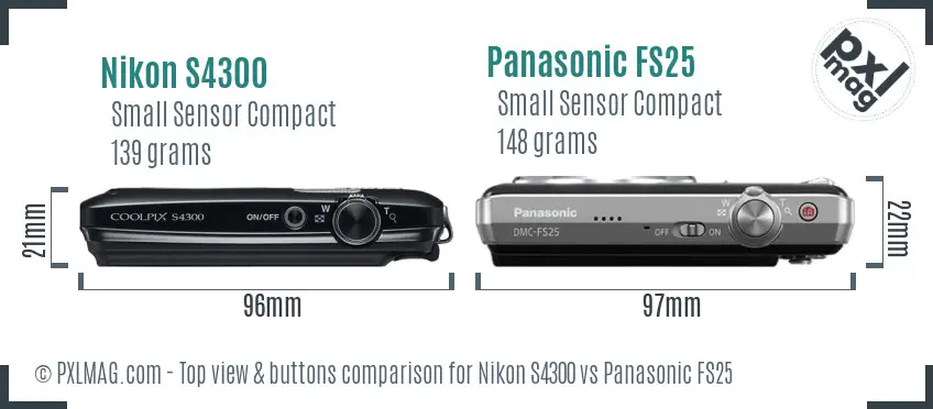 Nikon S4300 vs Panasonic FS25 top view buttons comparison Nikon S4300 vs Panasonic FS25 top view buttons comparison