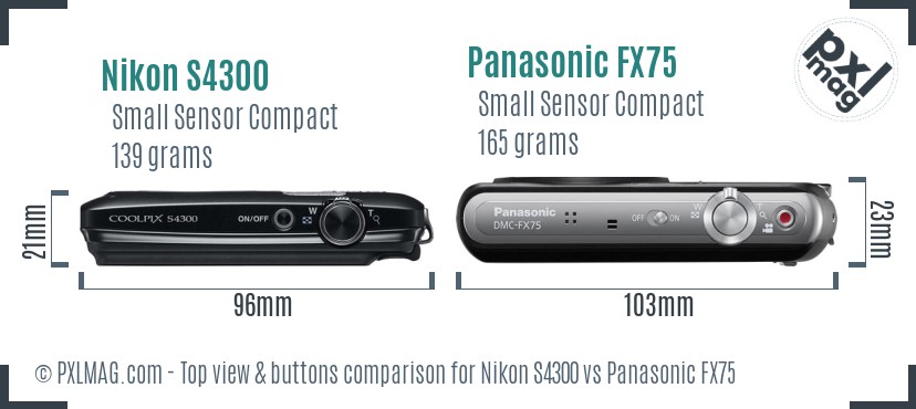 Nikon S4300 vs Panasonic FX75 top view buttons comparison