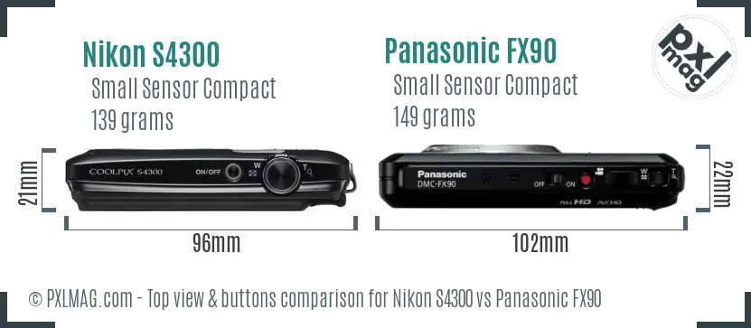 Nikon S4300 vs Panasonic FX90 top view buttons comparison