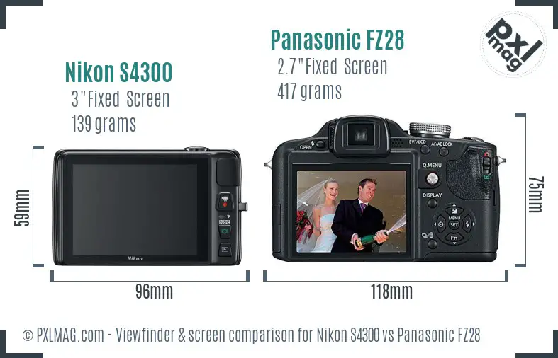 Nikon S4300 vs Panasonic FZ28 Screen and Viewfinder comparison