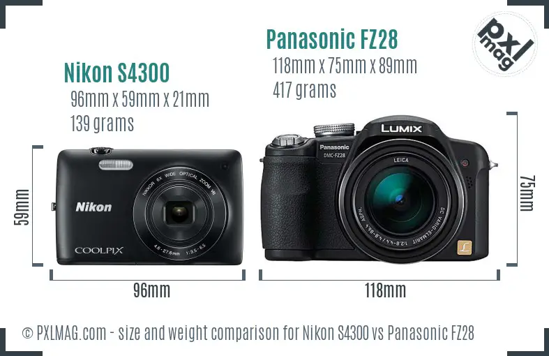 Nikon S4300 vs Panasonic FZ28 size comparison