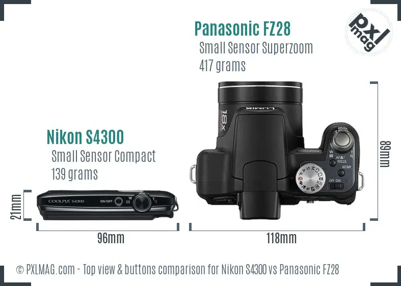 Nikon S4300 vs Panasonic FZ28 top view buttons comparison