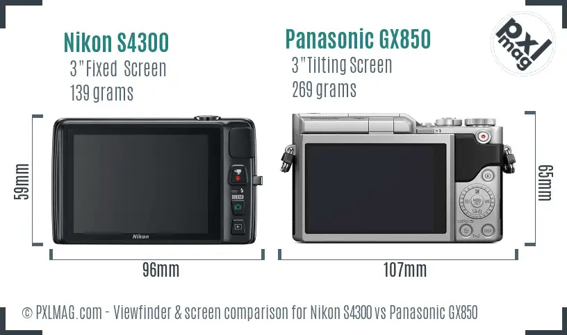 Nikon S4300 vs Panasonic GX850 Screen and Viewfinder comparison