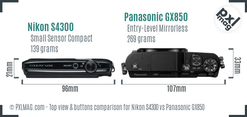 Nikon S4300 vs Panasonic GX850 top view buttons comparison