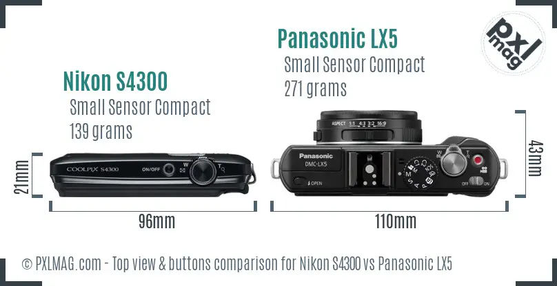 Nikon S4300 vs Panasonic LX5 top view buttons comparison