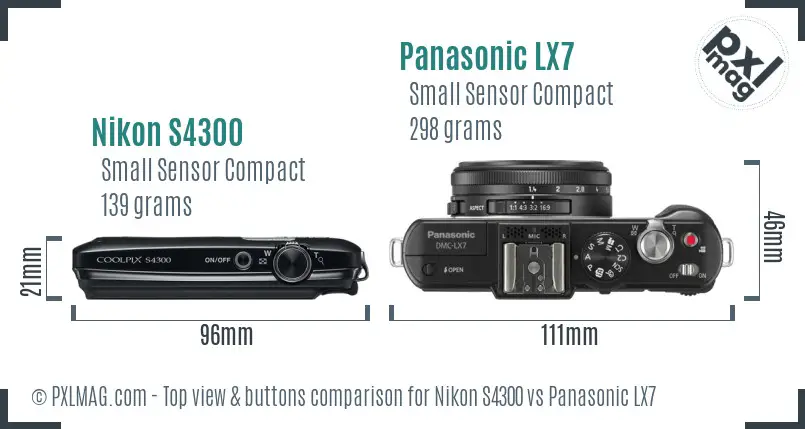 Nikon S4300 vs Panasonic LX7 top view buttons comparison Nikon S4300 vs Panasonic LX7 top view buttons comparison