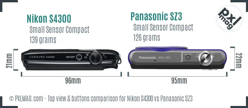 Nikon S4300 vs Panasonic SZ3 top view buttons comparison