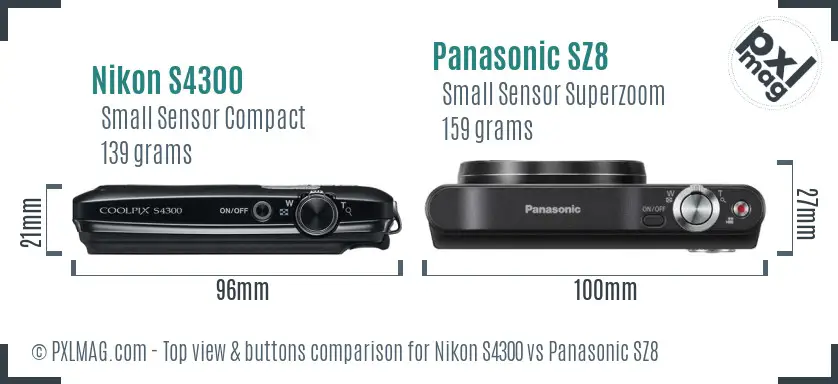 Nikon S4300 vs Panasonic SZ8 top view buttons comparison Nikon S4300 vs Panasonic SZ8 top view buttons comparison