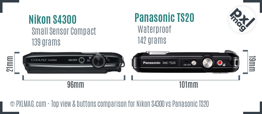 Nikon S4300 vs Panasonic TS20 top view buttons comparison