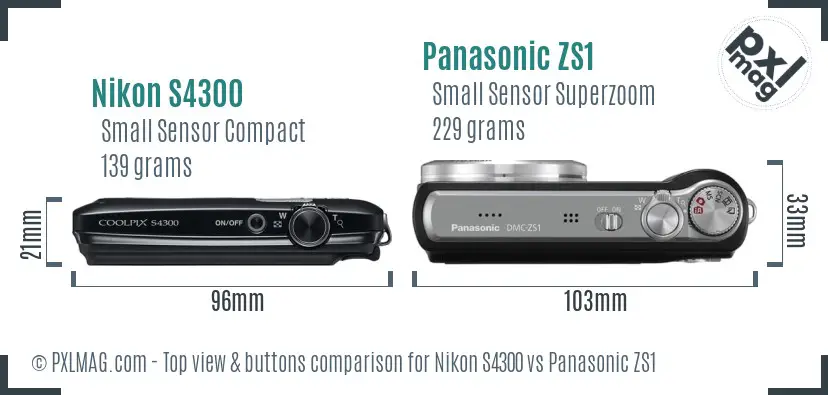 Nikon S4300 vs Panasonic ZS1 top view buttons comparison
