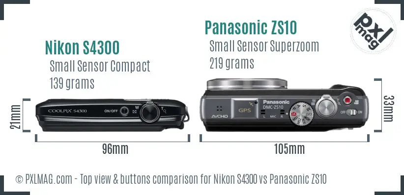 Nikon S4300 vs Panasonic ZS10 top view buttons comparison